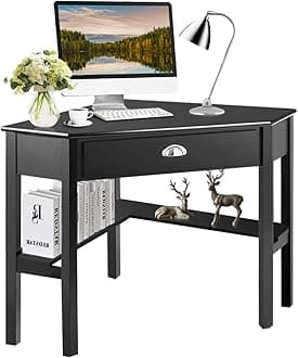 Tangkula Corner Desk, Corner Computer Desk with Drawer for Small Space, Small Corner Makeup Vanity Desk, 90 Degrees Triangle Corner Desk with Storage Shelves