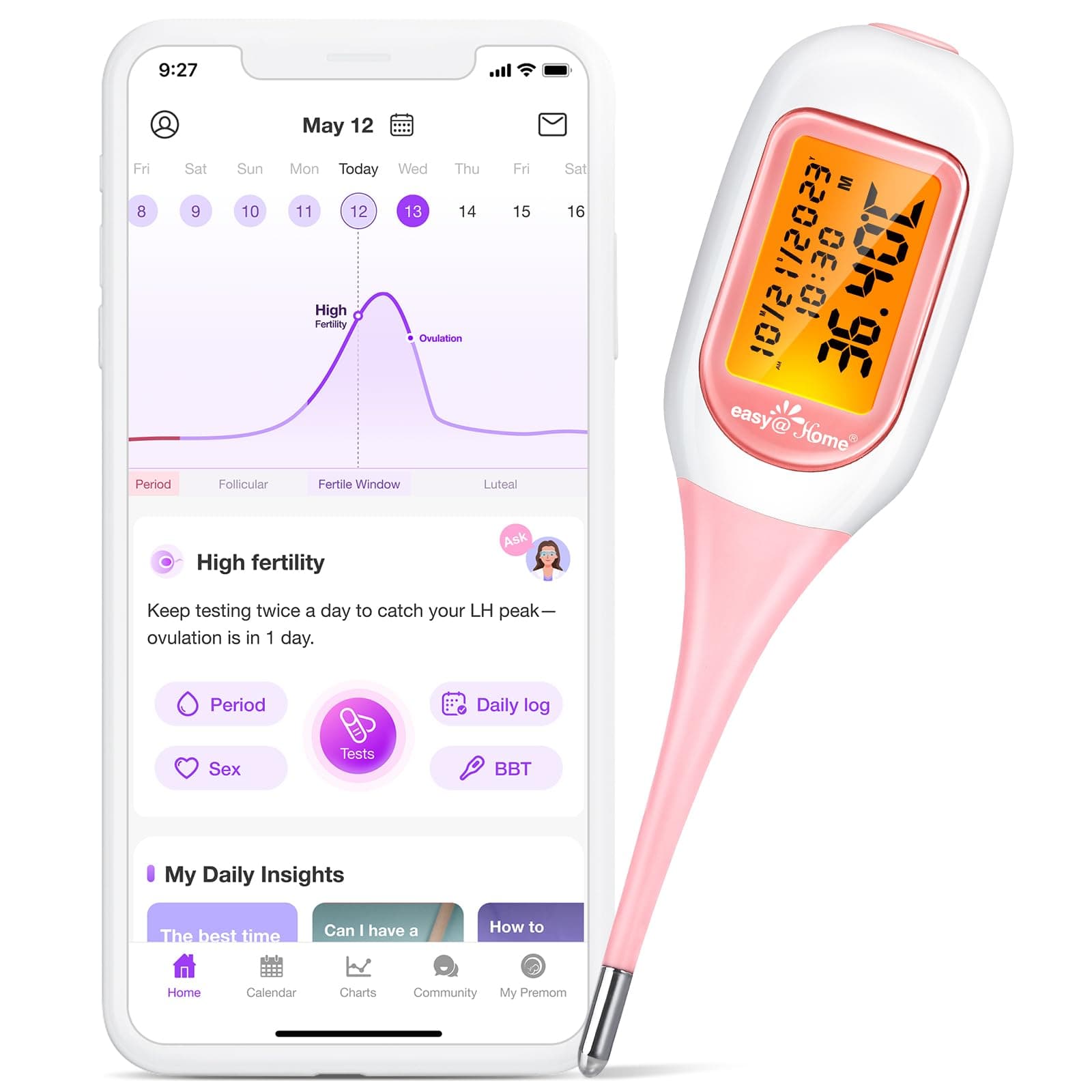 Easy@Home Basal Thermometer for Ovulation, BBT with Backlit LED Screen & Premom APP (iOS&Android) - Digital Basal Thermometer for Fertility Monitor, Trying to Conceive, Auto Sync (Pink)