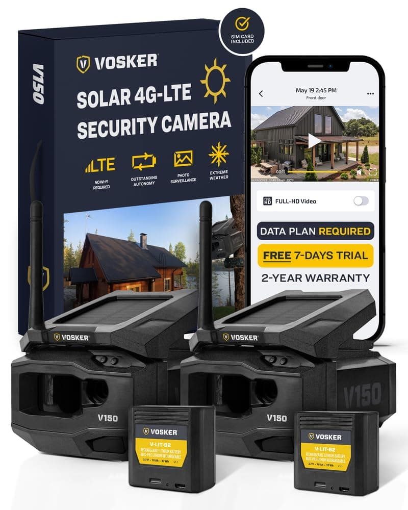 - Vosker V150 Twin Pack Solar-Powered LTE Cellular Home Security Outdoor Camera | Motion Activated Photo Capture Nightvision Wireless Camera |Receive Photos (No Video) on Your Mobile App (2 Pack)