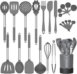 Silicone Cooking Utensil Set, Fungun Non-stick Kitchen Utensil 24 Pcs Cooking Utensils Set, Heat Resistant Cookware, Silicone Kitchen Tools Gift with Stainless Steel Handle (Gray-24pcs)