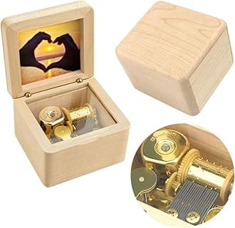 Sinzyo Natural Wooden Music Box with Customizable Photos Wind Up Musical Box Gifts for Christmas,Birthday and Valentine's Day(Simple Maple, Tone:Elfen Lied)