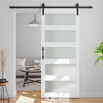 40in x 80in Glass Barn Door with 7ft Barn Door Hardware Kit & Handle, Pre-Drilled Holes Easy Assembly -Solid Barn Door Slab Covered with Water-Proof PVC Surface, White, 5 Panel