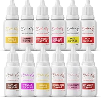 BAKE KING Combo of 12 Vanilla, Butterscotch, Mango, Paan, Rasmalai, Bubble Gum, Rose Milk, Banana, Hazelnut, Rabri, Red Velvet and Strawberry Essence 30 ML Each Essence Making Cakes, Cookies and Ice Creams Liquid Food Essence (Pack of 12)