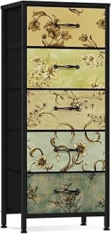 Furnulem Vertical Dresser for Bedroom, Tall Skinny Storage Tower with 5 Fabric Drawers, Chest of Drawers for Living Room, Dorm, Entryway, Nightstand Bedside Table, Vintage Furniture, Wood Top