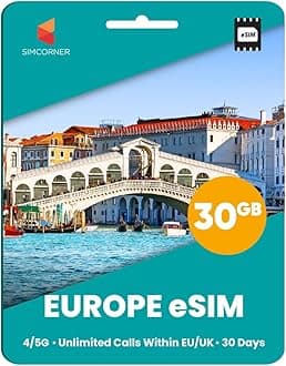 SimCorner Europe & UK Travel eSim Card - 30GB Data, Calls Within UK & EU for 30 Days. Use in 50 Countries. Includes 25€ Credit for Calls. International Travel eSIM Card for Mobile Phones