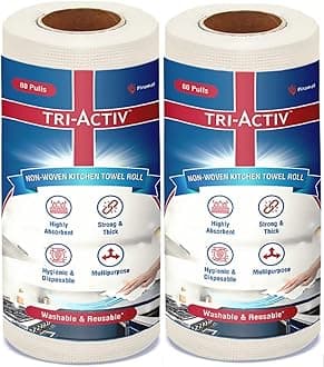 Tri-Activ Washable & Reusable Kitchen Towel Roll | 80 Pulls Per Roll, 160 Sheets Pack Of 2 Highly Absorbent Tissue Non Woven Fabric Better Alternative To Paper White