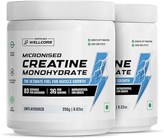 Wellcore Pure Micronised Creatine Powder (83 Servings, Unflavoured) For Enhanced Muscle Strength With Rapid Absorption | Creatine Monohydrate | Wellcore Creatine Flavoured - 250g (Pack Of 2)