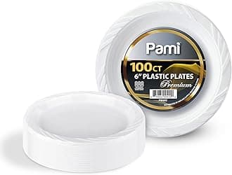 PAMI Premium Disposable Plastic Plates 6'' [Pack of 100]- White Party Plates For Dinner Desserts Appetizers- Heavy-Duty Microwavable Plates In Bulk For Any Occasion- Elegant Plastic Dinnerware Set