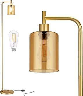 Ziisee Floor Lamps for Living Room - Gold Standing Lamp with Amber Glass Shade, Modern Floor Lamp with LED Bulbs, Bright Industrial Floor Lamp for Bedroom, Farmhouse Tall Lamp for Office