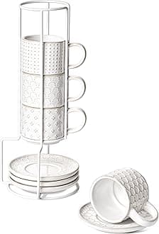 4 oz Stackable Espresso Cups with Saucers and Stand, Set of 4, Ceramic Coffee Cup Set for Double Shot, Macchiato, Lungo, Ristretto, Microwave & Oven Safe - Embossed White