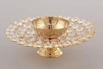 Ein Sof Akhand Diya Decorative Brass & Crystal Oil Lamp Tea Light Holder Lantern, 5 inches Wide Umbrella Shaped Diya Lantern (Gold and White)