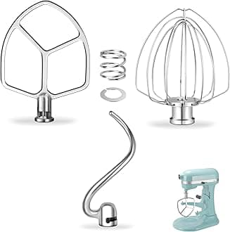 Stainless Steel Accessories for KitchenAid 5.5-6 QT Bowl-Lift Stand Mixer, Includes 6 Wire Whisk, Flat Beater, Dough Hook Replacement, Fits for KP26, KL26, KB26, KSM55/60