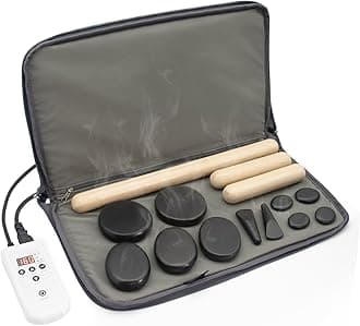 Massage Stones Set with Warmer Kit Hot Rocks Bamboo for Massage Hot Stones Massage Warmer Kit with Temperature Control and Carry Bag for Home Use (11 Stones and 3 Sticks) Suitable for Gifting