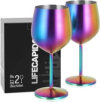 Lifecapido Stainless Steel Wine Glasses Set of 2, 18oz Colorful Stainless Steel Wine Goblets, Stemmed Metal Wine Glasses with Cup Brush for Party Office Wedding Anniversary, Great for Red White Wine