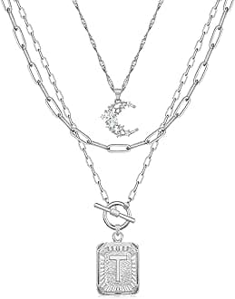 MJartoria Layered Initial Necklaces for Women Trendy, 14K Gold Plated Simple Moon Choker Square Letter Pendant Necklace, Paperclip Chain Necklace, Gold Necklaces Jewelry Gifts