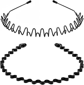 2 Pack Metal Hair Band for Men,Non Slip,Spring Wave Head Bands for Sports Washing Face Unisex(Black)