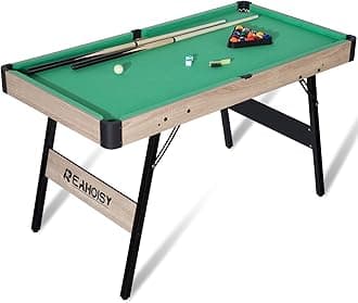 Folding Pool Table, Portable Billiard Game Tables for Kids and Adults, Mini Pool Table with Locking Legs, Adjustable Feet, Balls, Cues, Triangle, Chalk, Brush