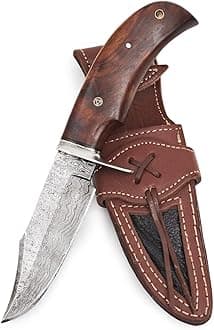 BIGCAT ROAR Bear Hunter - Handmade Damascus Steel Fixed Blade Knife 10" - Walnut Wood Handle & Leather Sheath - Bushcraft Outdoor Camping Skinning & Survival EDC Knife - Collector Hunter Gifts for Men