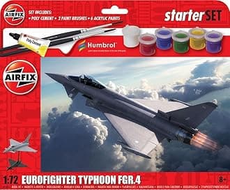 AIRFIX - Starter Set - A55016 Eurofighter Typhoon FGR.4 Model Building Kit - Plastic Model Plane Kits for Adults & Children 8+, Set Includes Decals, Paints, Brushes & Poly Cement - 1:72 Scale