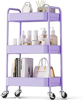 TOOLF 3-Tier Rolling Cart, Metal Utility Cart with Lockable Wheels, Storage Craft Art Cart Trolley Organizer Serving Cart Easy Assembly for Bathroom, Kids' Room, Bedroom, Purple