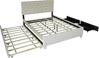 Upholstered Queen Size Platform Bed with Trundle and Drawer for Kids Teens Adults Bedroom,Velvet Fabric Bed Frame w/Wood Slats/Save Space for Boy Girl,No Spring Box Required, Beige