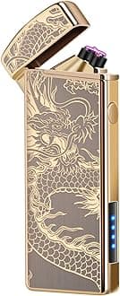 LcFun Electric Lighters USB Rechargeable Dual Arc Windproof Flameless Plasma Lighter, Pocket Cool Lighter with LED Battery Indication for Candles, Incense, Camping (Gold Dragon)