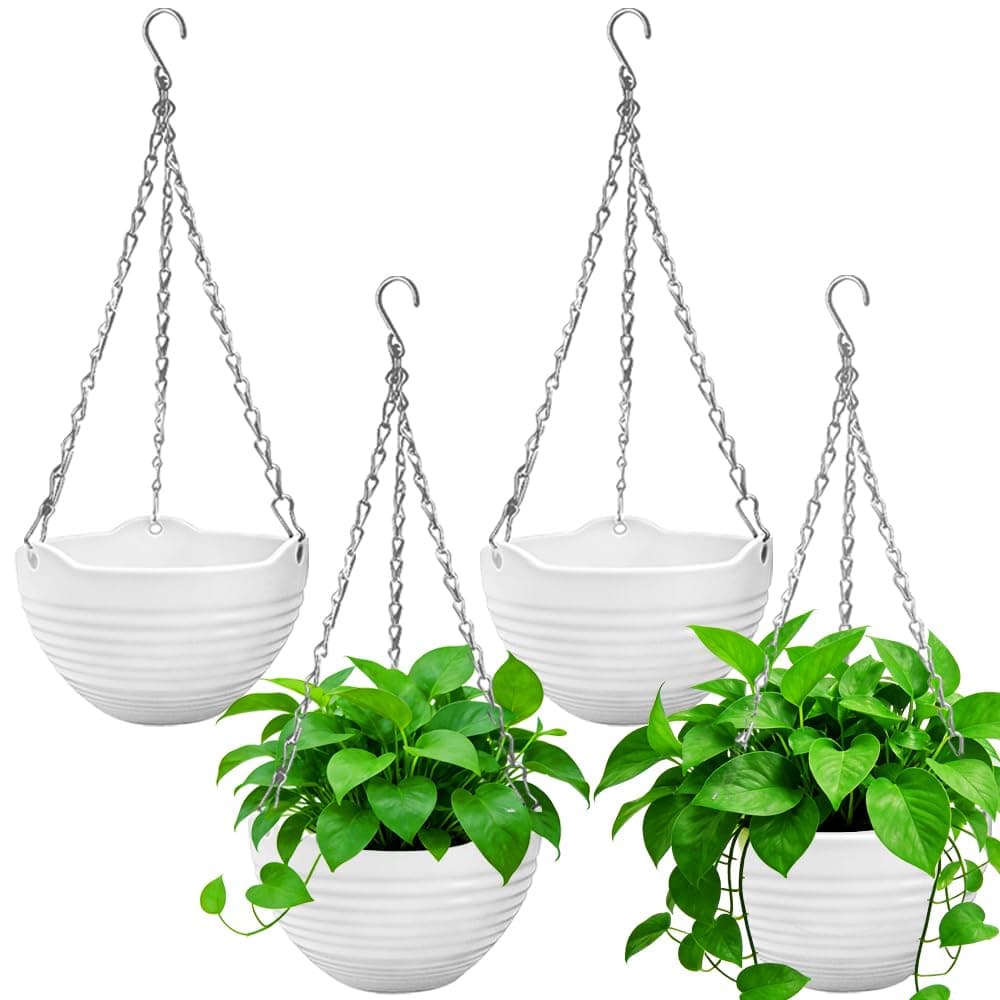4 Pack 8 inch Hanging Planter Pots,Self-Watering Round Hanging Basket with Water Tray Metal Chain,Succulent Flower Plant Pot Container for Indoor Outdoor Garden Balcony Wall Decor,White