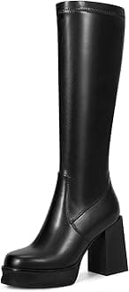 wetkissPlatform Knee High Boots Women Chunky High Heel Black Boots for Women Gogo Boots with Side Zipper Stretchy Boot Not for Bigger Wide Calf