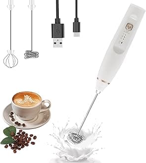 Milk Frother, USB Rechargeable Handheld Coffee Frother Electric Whisk Electric Foam Maker, 3-Speed Milk Frother With Two Stainless Steel Whisks, for Lattes, Frappe, Matcha, Hot Chocolate (White)