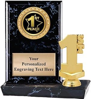 Crown Awards 6"X6" First Place Plaque Award, First Place with Star Black and Gold Trophy with Custom Engraving