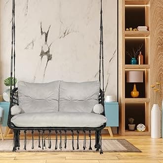 Patiofy Double Seater Swing - 2 Seater Swing for Balcony with Large Grey Full Body Sitting Cushion (Black)-Polyester, 20 Cm