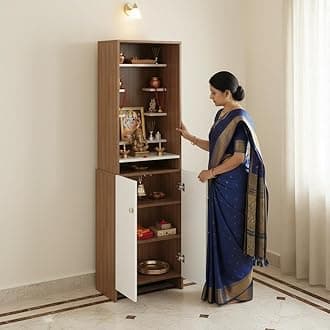 FURNEASER Shrisha Wooden Pooja Mandir for Home with Spacious Storage | Engineered Wood Floor-Standing Temple with Decorative Shelves | Exotic Teak & White Finish, 161x50x28 cm Prayer Unit