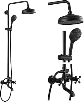 Bathroom Shower Faucet Rain Mixer 8 Inch Round Shower Head Double Cross Handle with Tub Spout Wall Mount Bathroom Shower Fixtures 3 Function ABS Handheld Sprayer Matte Black