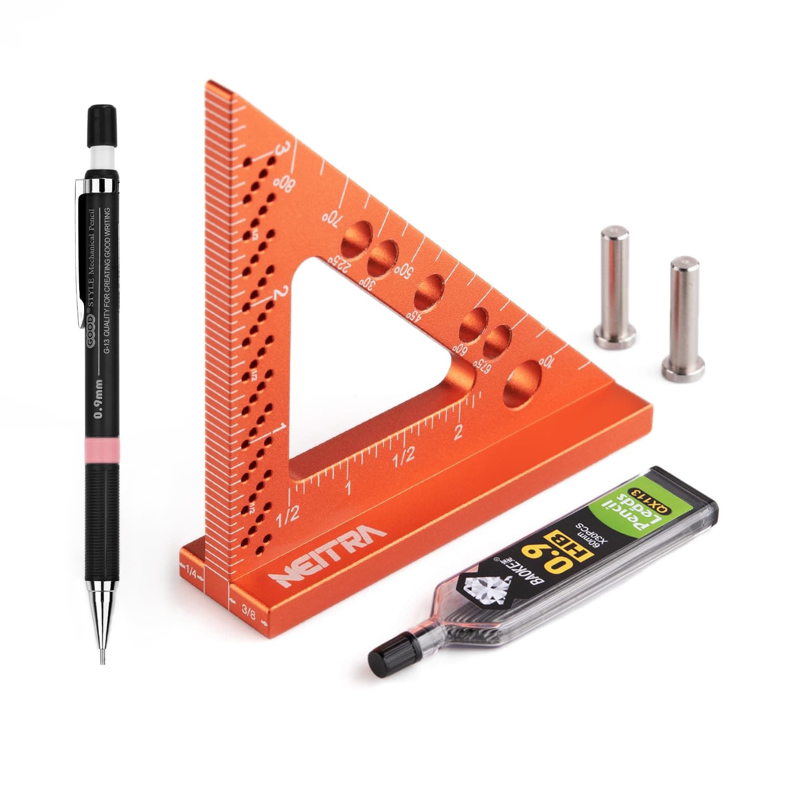 Neitra Small Square Ruler with Fixed Angle Pin, Accurate Compact Aluminum Alloy Mini Squares with Laser Etched Markings, Includes a Mechanical Pencil for Carpenter Woodworking Furniture Projects