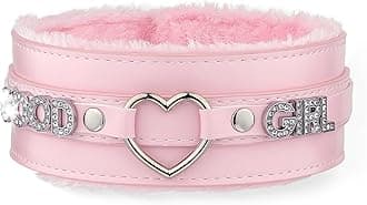 Pink Furry Heart O-ring Leather Choker Collar For Women, Handmade Punk Gothic Letter Necklace Adjustable Fashion Jewerly