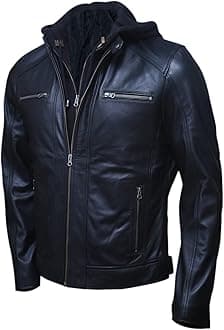 Mens Genuine Lambskin Leather Motorcycle Jacket with Removable Hood in Black Brown