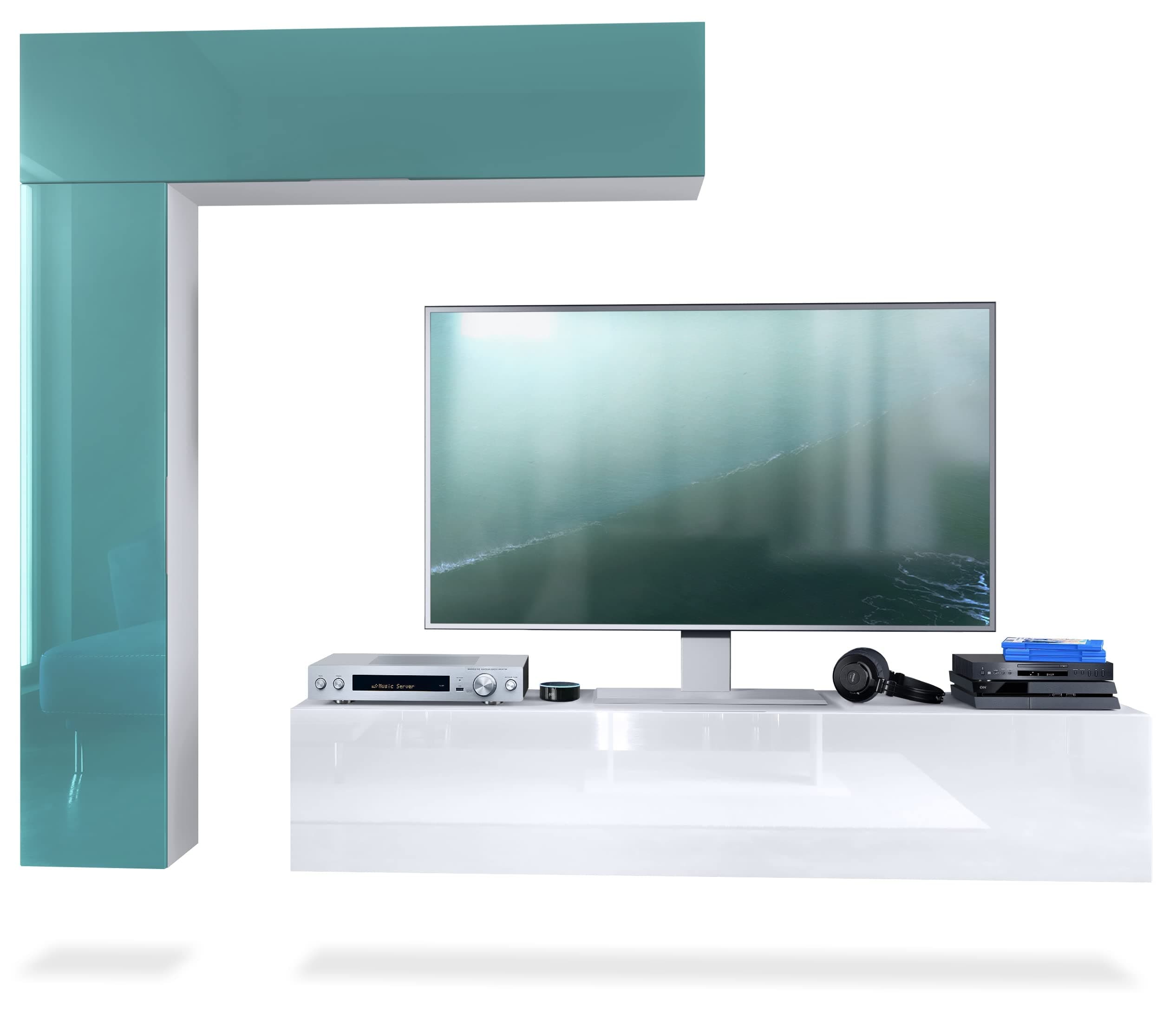 VladonTaurito wall unit, white matt/teal high gloss - Modern wall unit for your living room (320 x 182 x 39 cm)