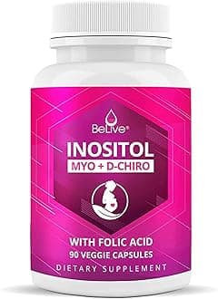 BeLiveMyo-Inositol & D-Chiro Inositol Capsules - 90Ct I Inositol Supplement with Folic Acid for PCOS, Reproductive Health & Hormonal Balance, Fertility Supplements for Woman, Optimal 40:1 Ratio (1)