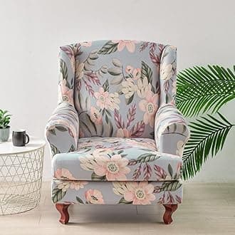 Chickwin Stretch Wingback Chair Slipcover, Botanical Print Living Room Chair Covers Furniture Protector, Spandex Wing Back Chair Covers with Arms (Pink Flower)