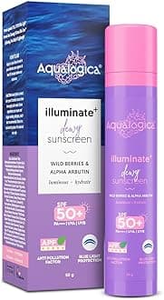 Aqualogica Illuminate+ Dewy Sunscreen SPF 50+ PA++++ with Wild Berries & Alpha Arbutin - 50 g | Broad Spectrum SPF 50+ PA++++ | UVA/B & Blue Light Protection | Anti-Pollution Factor (APF) Technology | In-Vivo Tested | Evens Skin Tone | Fragrance-Free & No White Cast | For Luminous & Sun Protected Skin