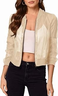 Women's Crop Mesh Sheer Bomber Jackets Lightweight Long Sleeve Zip Up Jacket Outwear