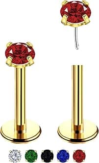 2 Pcs Gold Nose Stud, 20 g Cartilage Red Earrings Tragus Piercing Jewelry, Red Garnet Nose Ring Threadless Medusa Labret Earrings, Flat Back Nose Stud Jewelry for Women/Men (3mm-Red Garnet)