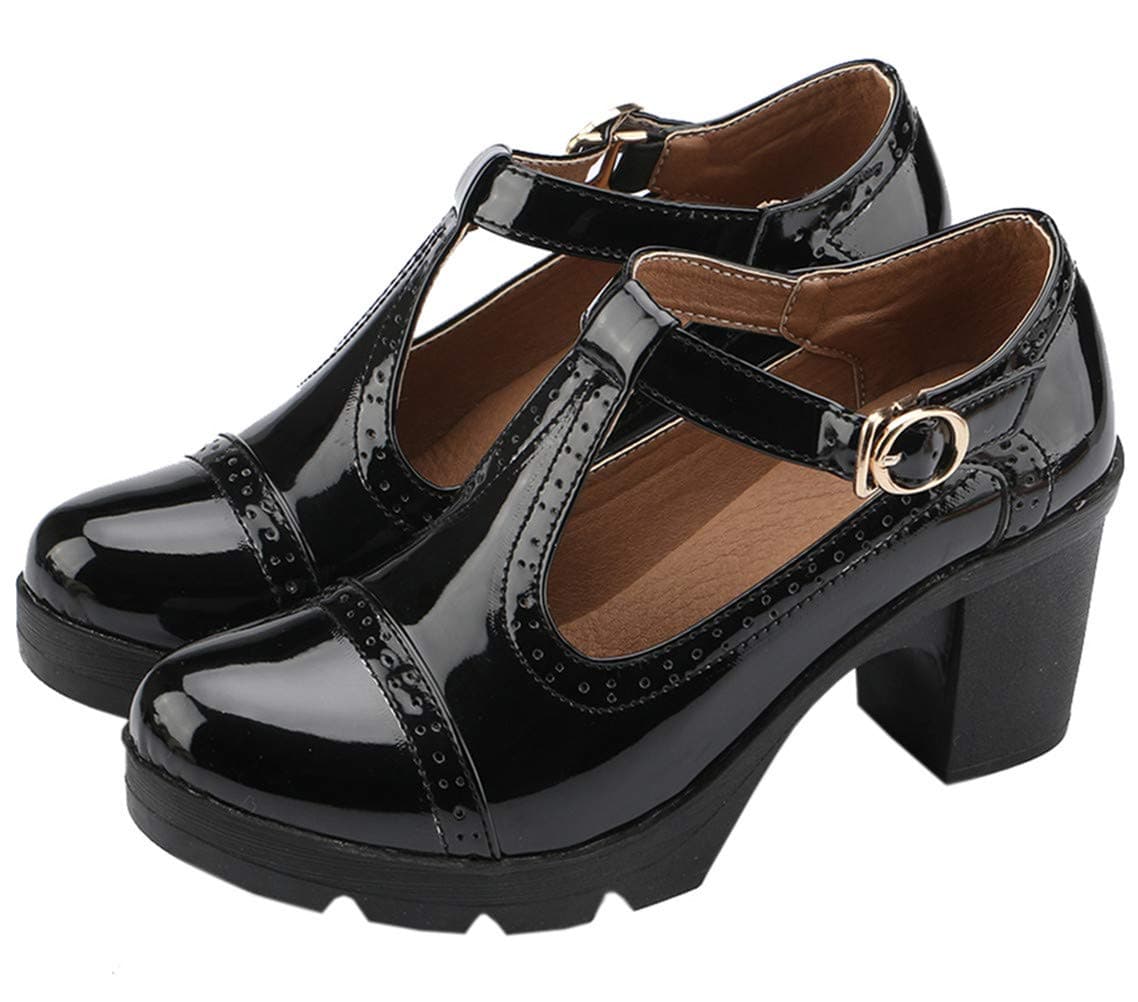 Women's Classic T-Strap Platform Mid-Heel Square Toe Oxfords Dress Shoes