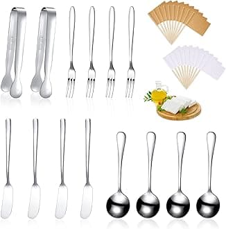 Patelai Charcuterie Boards Accessories Charcuterie Utensils Set Cheese Butter Spreader Knives Stainless Steel Mini Serving Tongs Spoons Forks and Toothpick Flags for Appetizers Pastry(Silver)