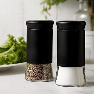 Home & Kitchen, Restaurant use Salt Shaker Set/Perfect Pour Holes/Moisture-Proof Spice Dispenser, Holder Seasoning Condiment Set with Glass Bottom (Black, Set of 2)