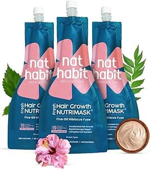 Nat Habit - Back To Natural Secrets Everyday 5-Oil Hibiscus Fresh Hair Mask for Growth, Hairfall Control & Smoothening For Dry, Frizzy Hair Treatment, 19 Herbs, Castor, Coconut, Argan,40g (Pack Of 3)