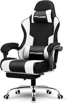 Gaming Chair, Computer Chair with Footrest and Lumbar Support, Height Adjustable Game Chair with 360°-Swivel Seat and Headrest and for Office or Gaming (Fabric, Black White)