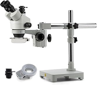 S7 7X-45X Trinocular Stereo Microscope with Wide-Field 10X Eyepieces,0.7X-4.5X Zoom Objective Lens, Single-Arm Boom Stand, and 56-Bulb LED Ring Light