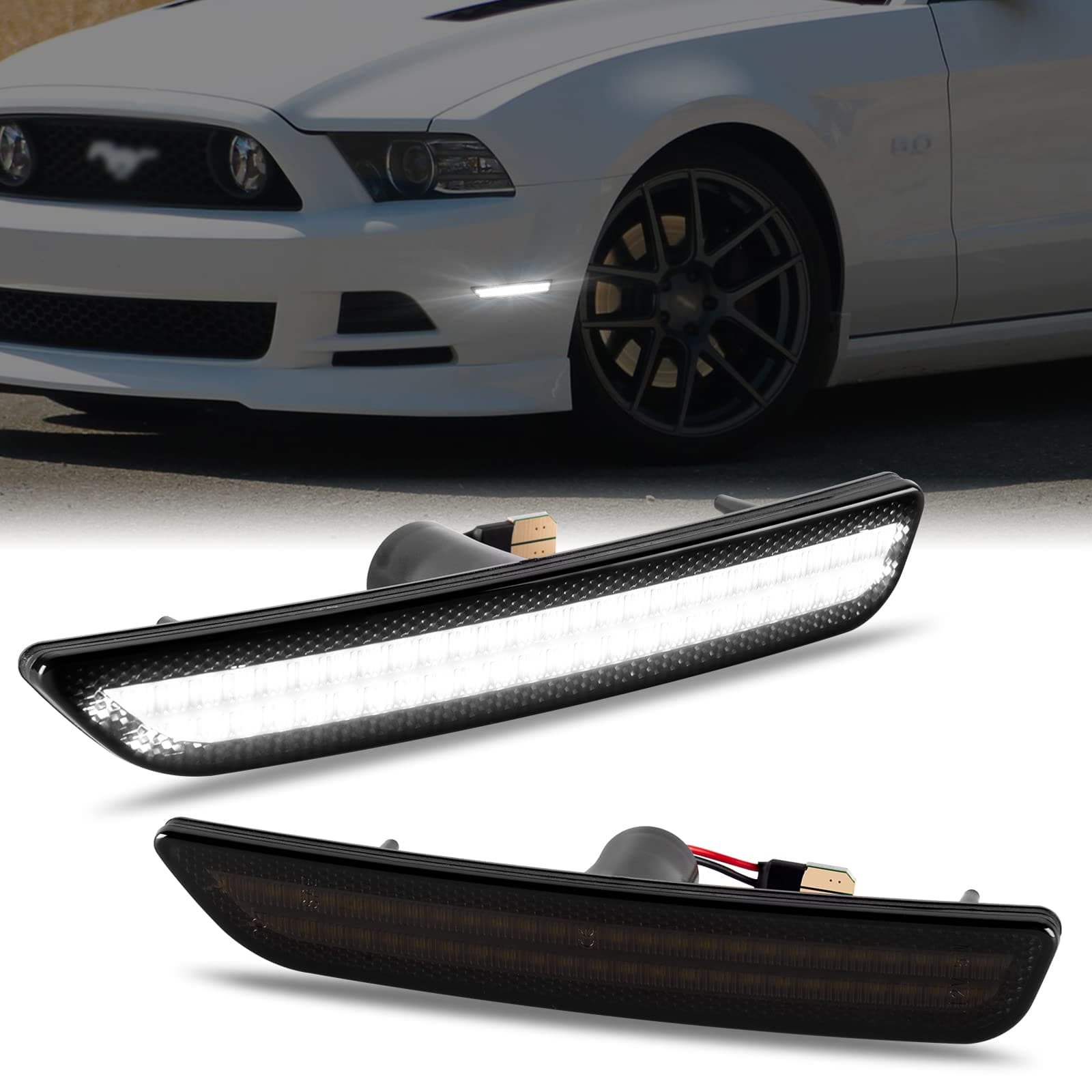 LED Front Side Marker Lights for Ford Mustang 2010-2014 White Bumper Marker Parking Lamps Smoked Len, 2PCS