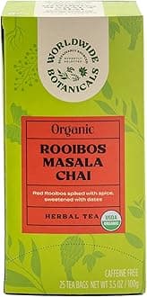 Worldwide Botanicals Rooibos Masala Chai Herbal Tea, 25 Tea Bags - Organic, Caffeine Free, Kosher, 50% More Herbs
